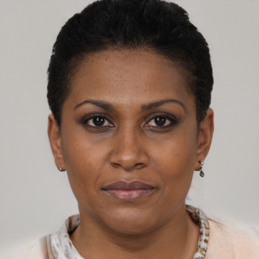Joyful black young-adult female with short  brown hair and brown eyes