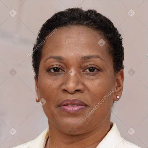 Joyful black adult female with short  brown hair and brown eyes