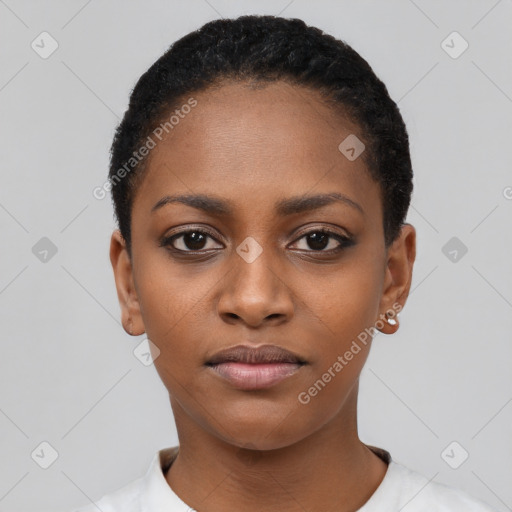 Joyful black young-adult female with short  black hair and brown eyes