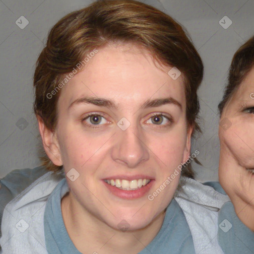 Joyful white young-adult female with medium  brown hair and blue eyes