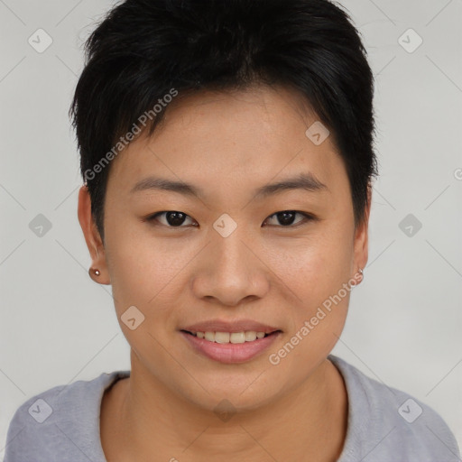 Joyful asian young-adult female with short  brown hair and brown eyes