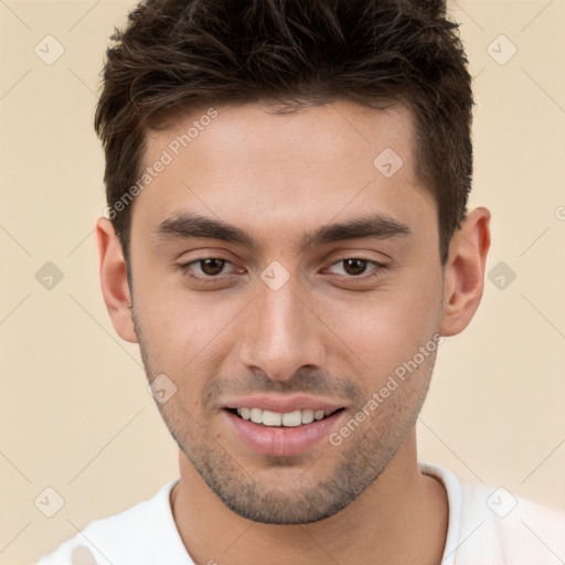 Joyful white young-adult male with short  brown hair and brown eyes