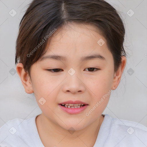 Joyful white child female with medium  brown hair and brown eyes