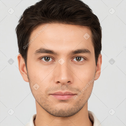 Neutral white young-adult male with short  brown hair and brown eyes