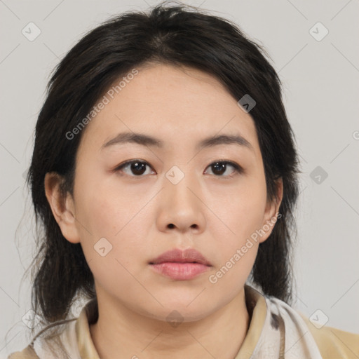 Neutral asian young-adult female with medium  black hair and brown eyes