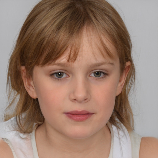 Neutral white child female with medium  brown hair and blue eyes