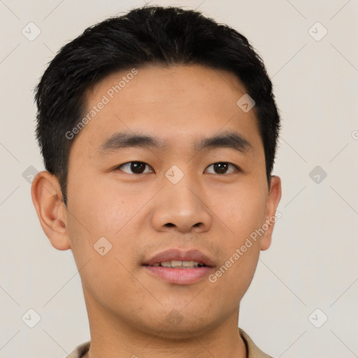 Neutral asian young-adult male with short  black hair and brown eyes