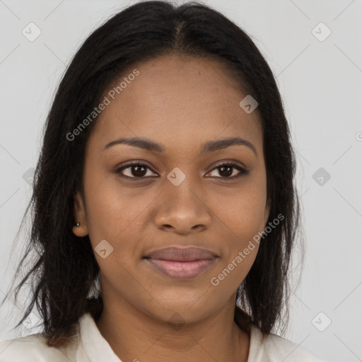 Joyful black young-adult female with medium  brown hair and brown eyes