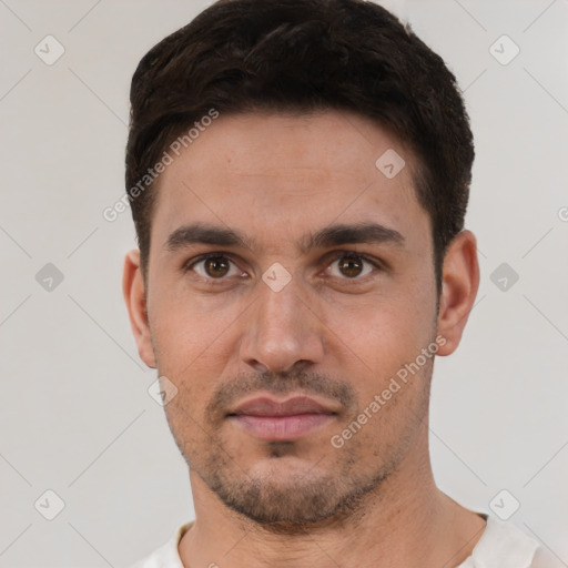 Neutral white young-adult male with short  brown hair and brown eyes