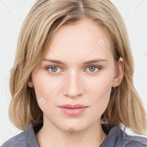 Neutral white young-adult female with medium  brown hair and blue eyes