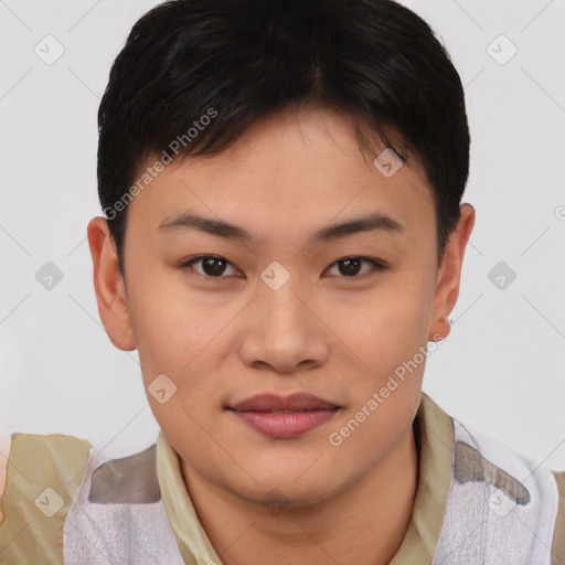 Joyful asian young-adult female with short  brown hair and brown eyes