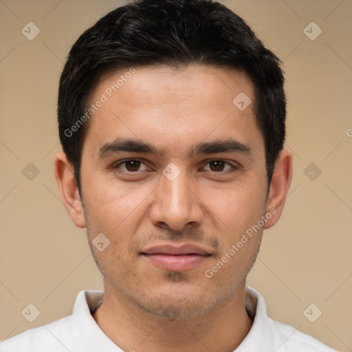 Joyful white young-adult male with short  black hair and brown eyes