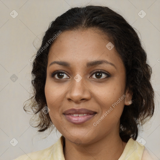 Joyful black young-adult female with medium  brown hair and brown eyes