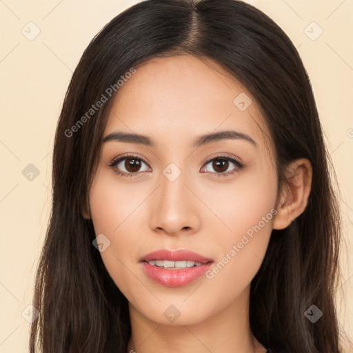 Joyful white young-adult female with long  brown hair and brown eyes