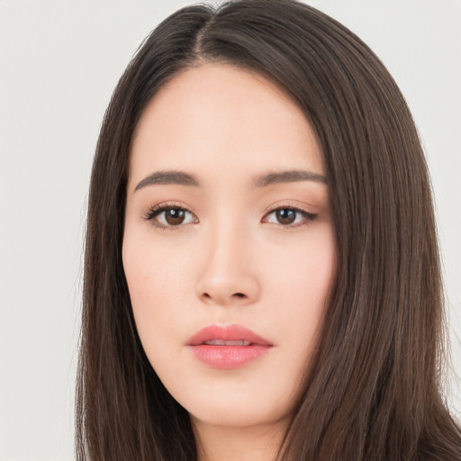 Neutral asian young-adult female with long  brown hair and brown eyes