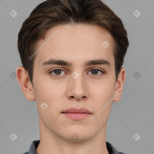 Neutral white young-adult male with short  brown hair and brown eyes