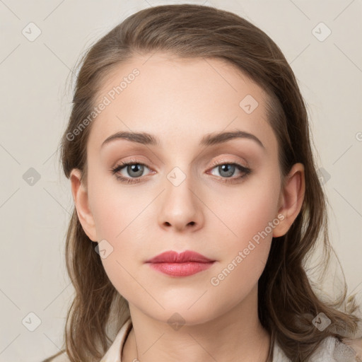 Neutral white young-adult female with medium  brown hair and grey eyes