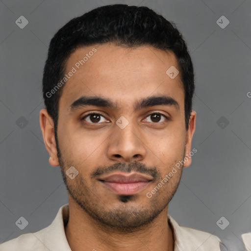Neutral latino young-adult male with short  black hair and brown eyes