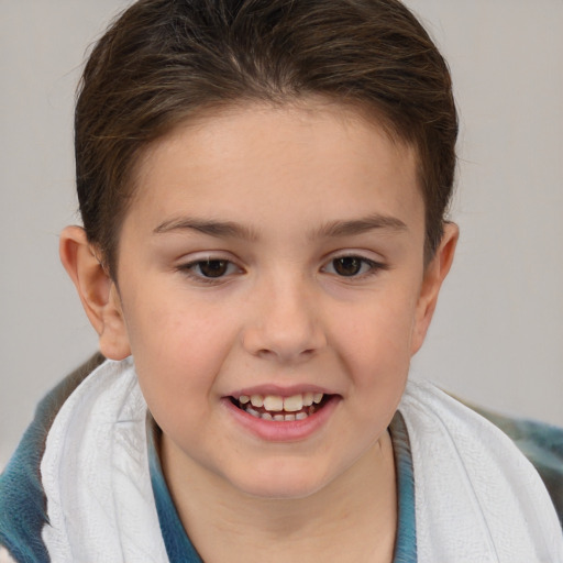 Joyful white child female with medium  brown hair and brown eyes