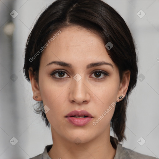 Neutral white young-adult female with medium  brown hair and brown eyes