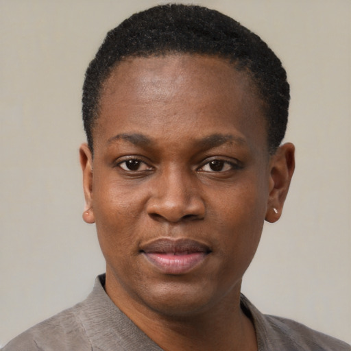 Neutral black young-adult female with short  black hair and brown eyes