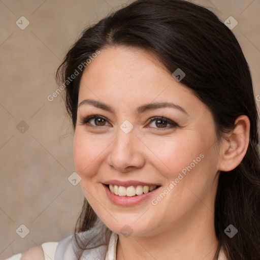 Joyful white young-adult female with medium  brown hair and brown eyes