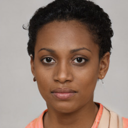 Neutral black young-adult female with short  black hair and brown eyes