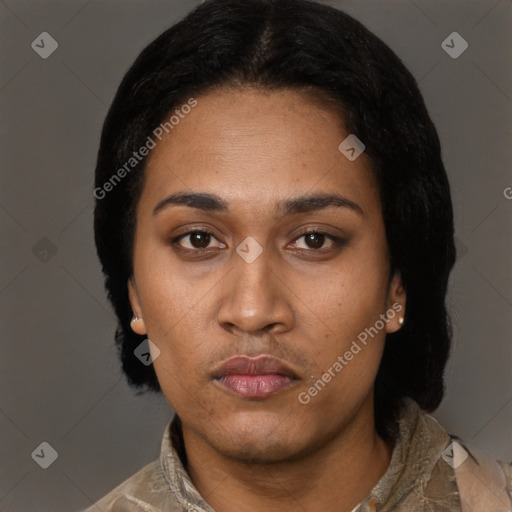 Neutral black young-adult female with short  black hair and brown eyes