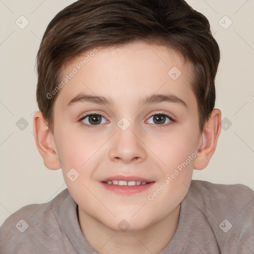 Joyful white child female with short  brown hair and brown eyes