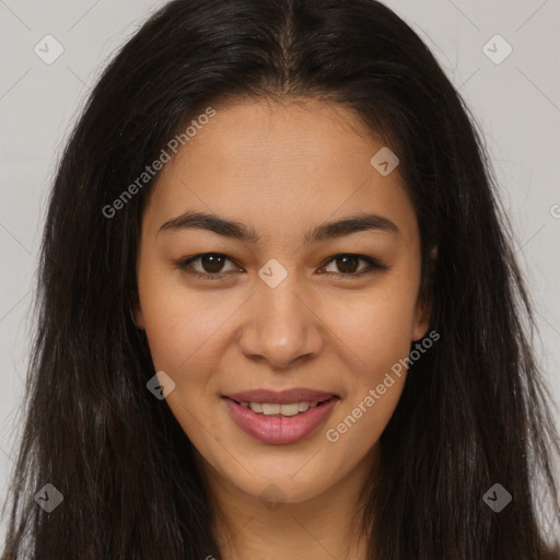 Joyful asian young-adult female with long  brown hair and brown eyes