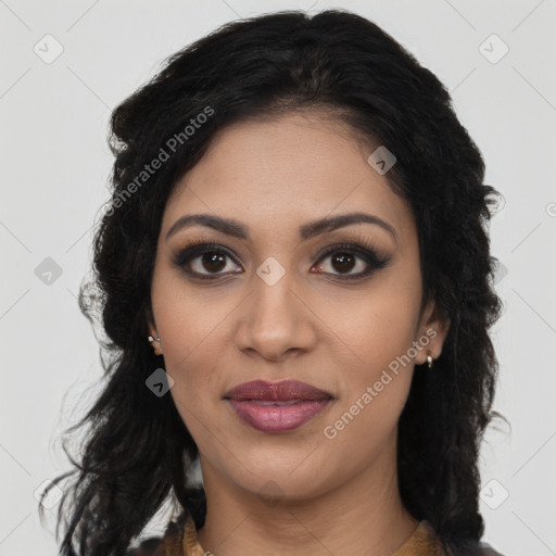 Joyful latino young-adult female with long  brown hair and brown eyes