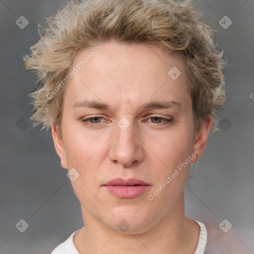 Joyful white adult female with short  brown hair and grey eyes