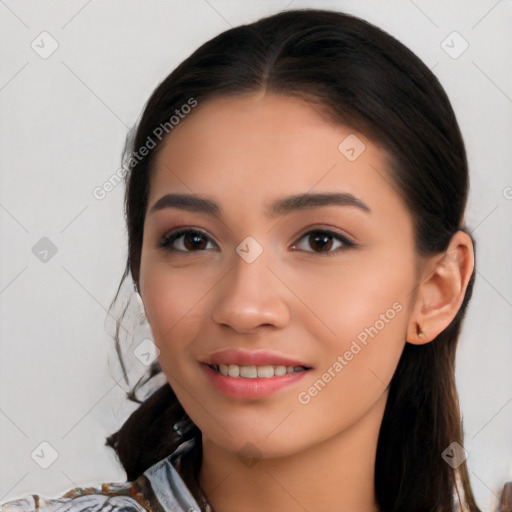 Joyful white young-adult female with medium  black hair and brown eyes