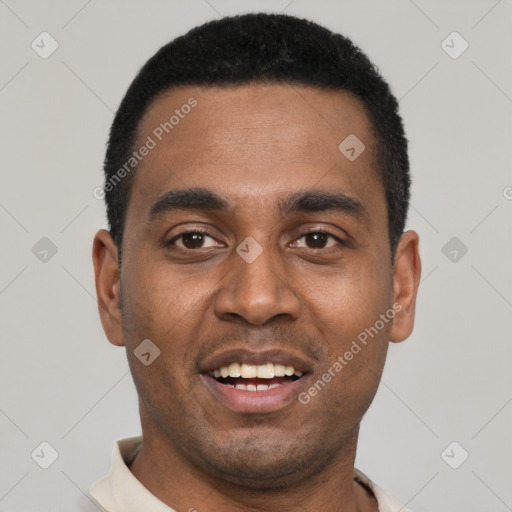 Joyful black young-adult male with short  black hair and brown eyes