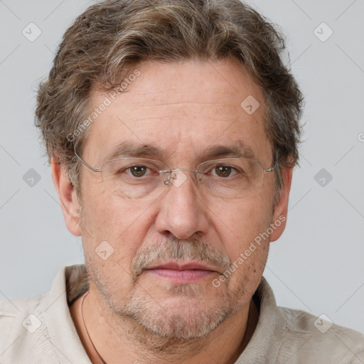 Joyful white middle-aged male with short  brown hair and brown eyes