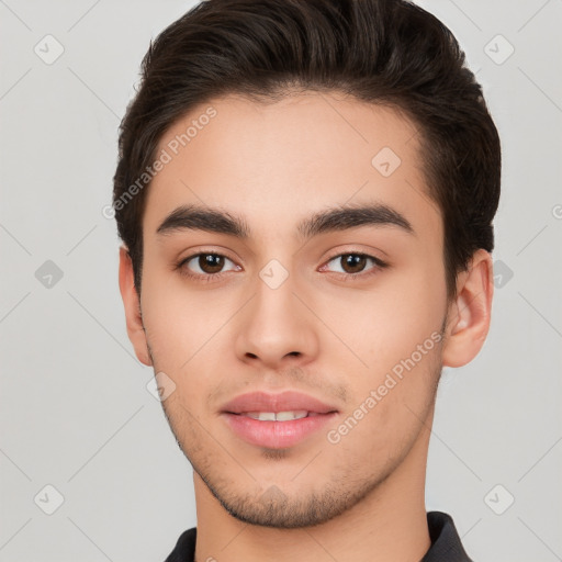 Neutral white young-adult male with short  brown hair and brown eyes