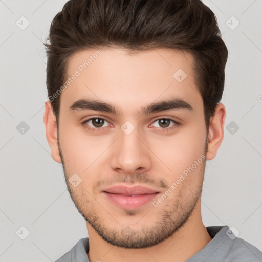 Neutral white young-adult male with short  brown hair and brown eyes