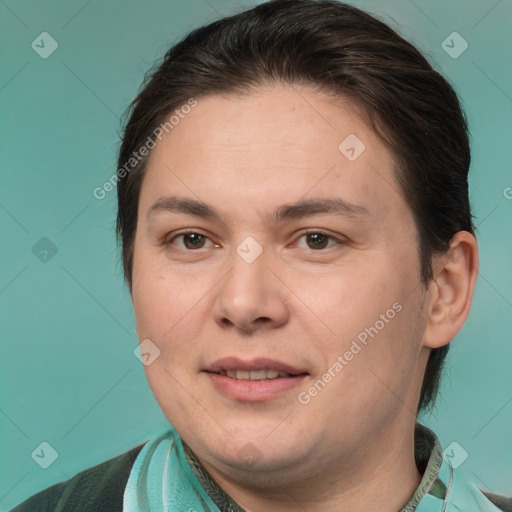 Joyful white adult female with short  brown hair and brown eyes