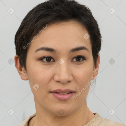 Joyful asian young-adult female with short  brown hair and brown eyes