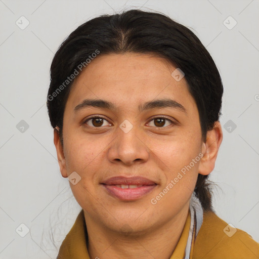 Joyful asian young-adult female with short  brown hair and brown eyes