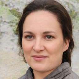 Joyful white adult female with medium  brown hair and brown eyes