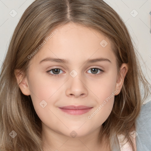 Joyful white child female with medium  brown hair and brown eyes