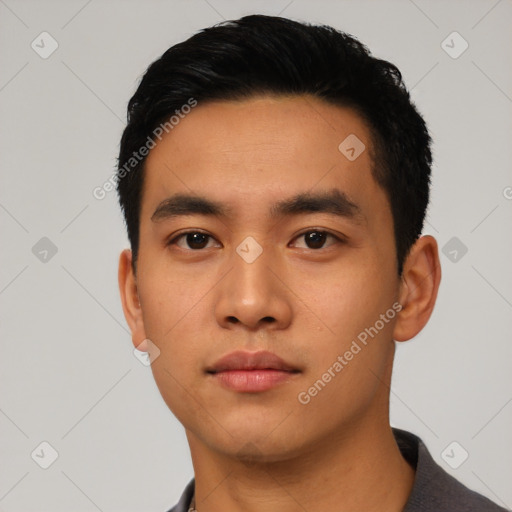 Neutral asian young-adult male with short  black hair and brown eyes