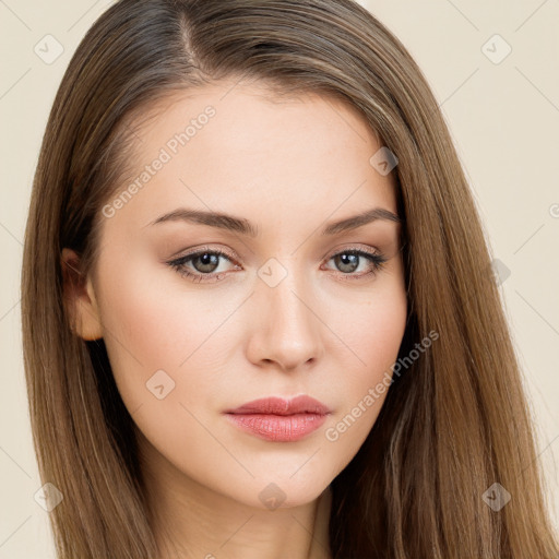 Neutral white young-adult female with long  brown hair and brown eyes