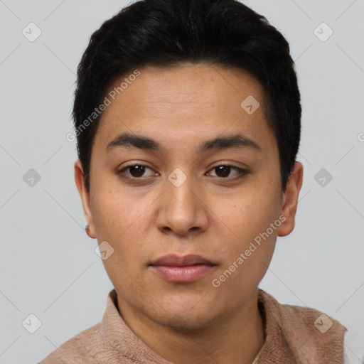 Neutral latino young-adult male with short  black hair and brown eyes