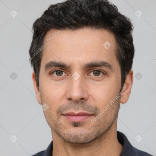 Neutral white adult male with short  black hair and brown eyes