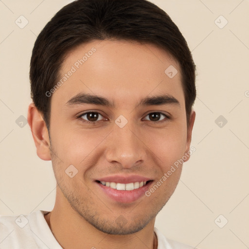 Joyful white young-adult male with short  brown hair and brown eyes