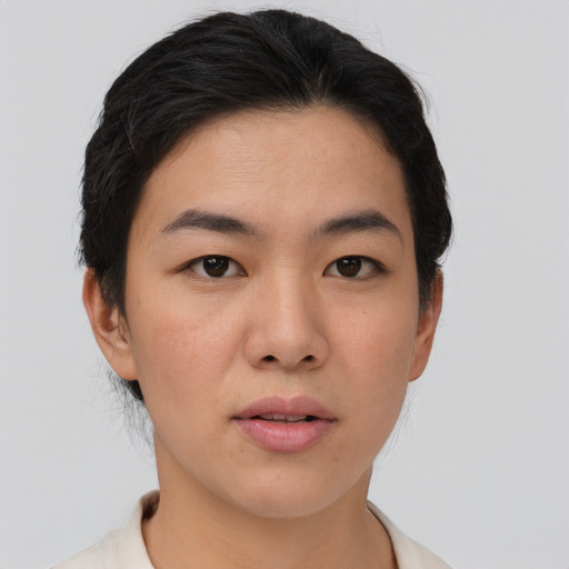 Neutral asian young-adult female with short  brown hair and brown eyes