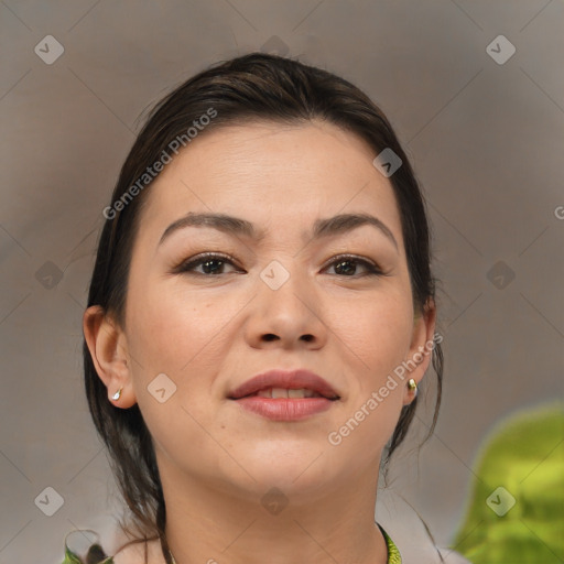 Joyful white young-adult female with medium  brown hair and brown eyes