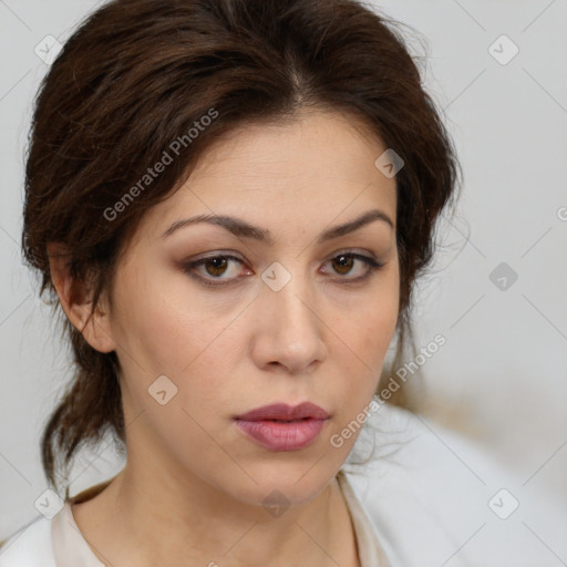 Neutral white young-adult female with medium  brown hair and brown eyes